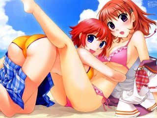 2girls Ass Beach Bikini Clouds Duplicate Ginta Haruse Uta Red Hair Skirt Sugar+spice! Swimsuit Undressing Water2686