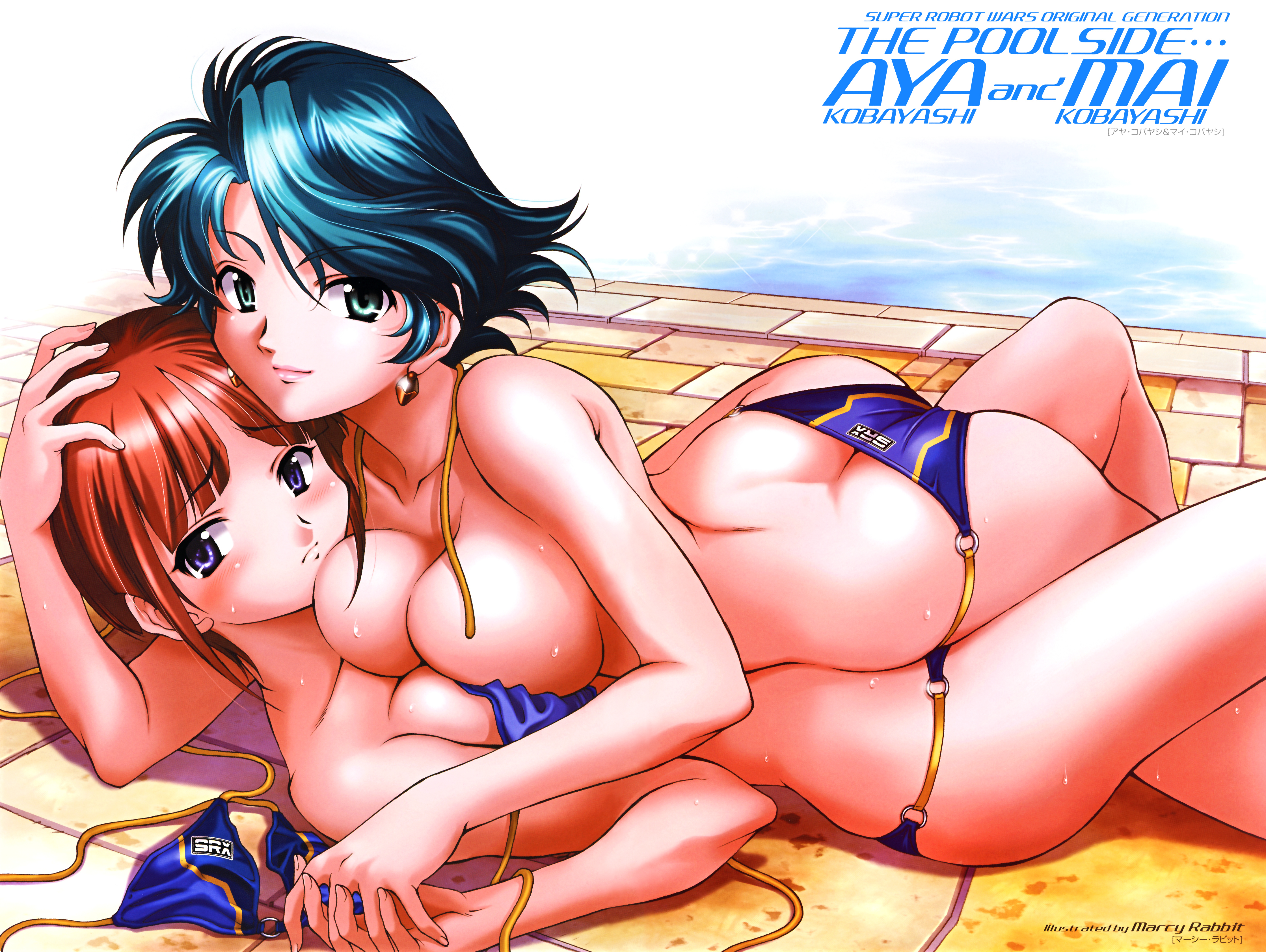 2girls Bikini Breasts Cleavage Kobayashi Aya Kobayashi Mai Mercy Rabbit Super Robot Wars Swimsuit Topless Water2665