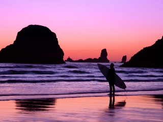 Surfer At Sunset, Cannon Beach, Oregon
