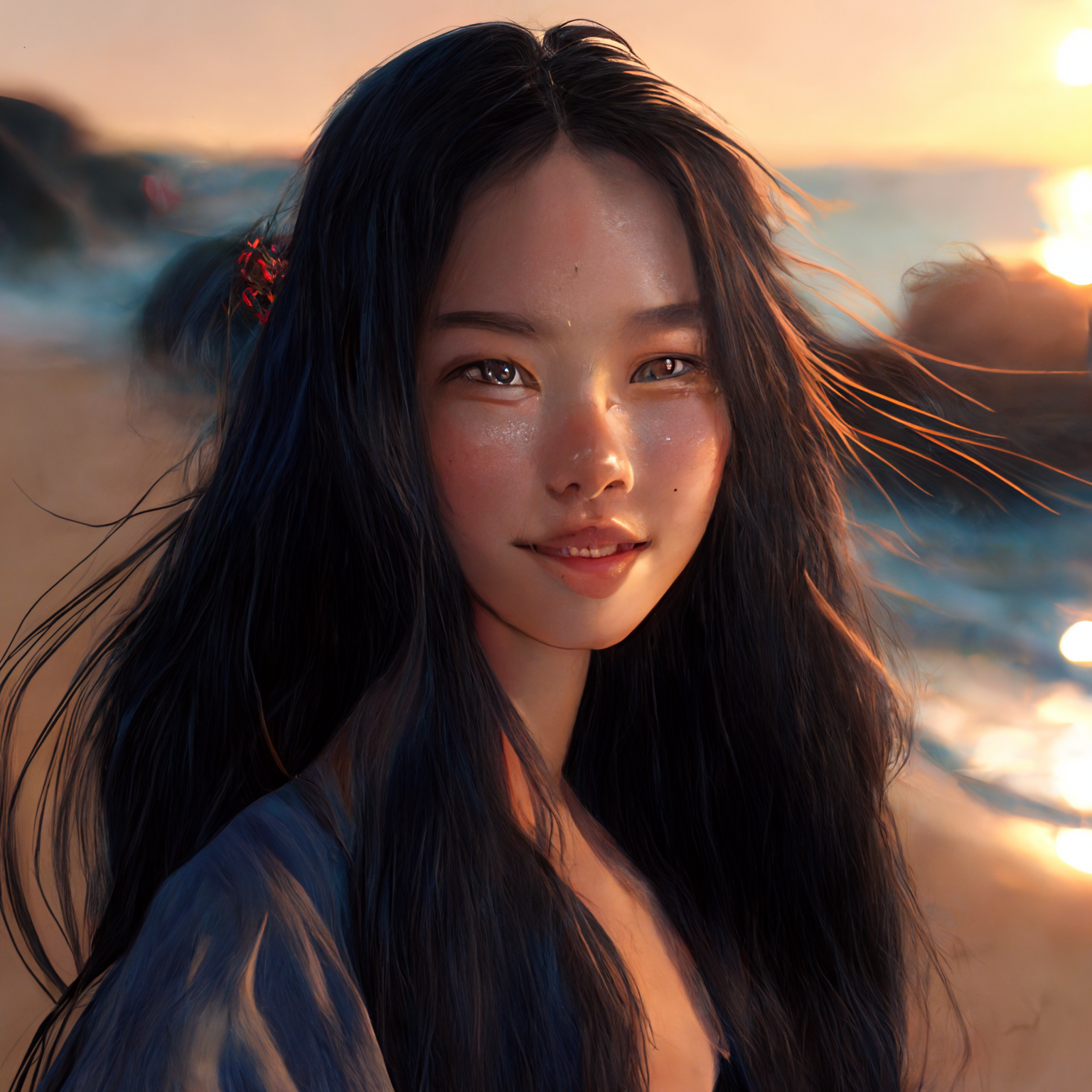 Beautiful Japanese Girl With Long Black Hair Blue